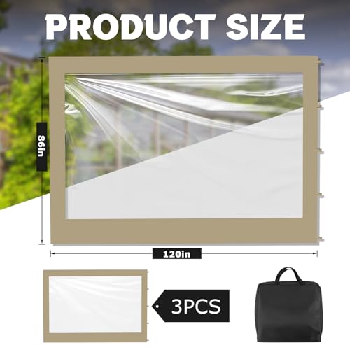 SmoothNovelty 3 Pcs Clear Canopy Sidewalls with Black Storage Bag Window Sidewall for 10 x 10 Inch Tent Waterproof Shade Wall, Sunwalls Only, Canopy Tent Not Included, No Zipper(Khaki) - color: Khaki