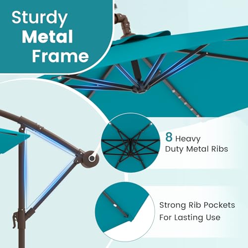 Tangkula 10FT Offset Patio Umbrella with Base Included, Outdoor Cantilever Umbrella with 40 Solar LED Lights, Tilt Adjustment, Crank Handle, Vented Top, Sand Bags for Pool Yard Deck (Turquoise) - color: Turquoise