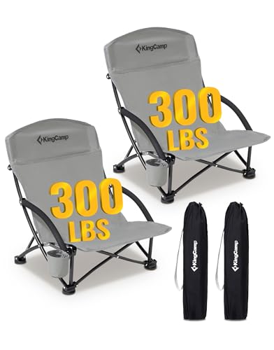 KingCamp Low Beach Chair, High Back Folding Camping Chair for Adults, Oversized Breathable Mesh Seat, 300lbs Heavy Duty Portable Chair with Cup Holder & Storage Pockets for Beach, Outdoor - color: Ergosolid C Grey 2pcs