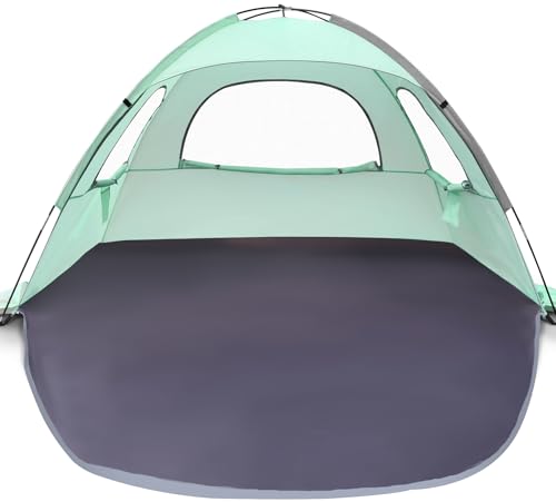 WhiteFang Beach Tent Anti-UV Portable Sun Shade Shelter for 3/4/6/8 Person, Extendable Floor with 3 Ventilating Mesh Windows Plus Carrying Bag, Stakes and Guy Lines - color: Mint Green, size: 6 Person