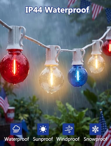 4th of July G40 LED Red White and Blue Lights, 25ft Outdoor String lights, Hanging Patio Lights with 27 Shatterproof Round Bulbs, Independence Day Decoration Warm White for Patriotic Party Garden - color: Red White Blue, size: 25Ft