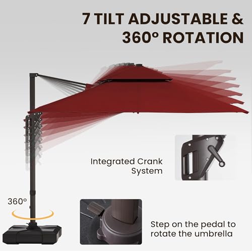 9 X 12 FT Cantilever Patio Umbrella with Led Lights Outdoor Heavy Duty Double Top Rectangle Offset Umbrellas with 360-degree Rotation for Pool Deck Backyard, Wine Red - color: Wine Red, size: 9' X12' Only Umbrella(LED)