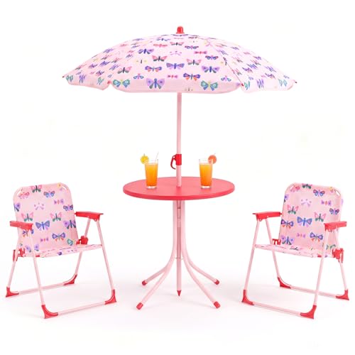 KOTEK Kids Picnic Table with Umbrella, Outdoor Table & 2 Folding Chairs, Cute Pattern Children’s Patio Furniture, Portable Kids Table and Chair Set for Backyard, Garden, Beach (Pink Butterfly) - color: Pink Butterfly