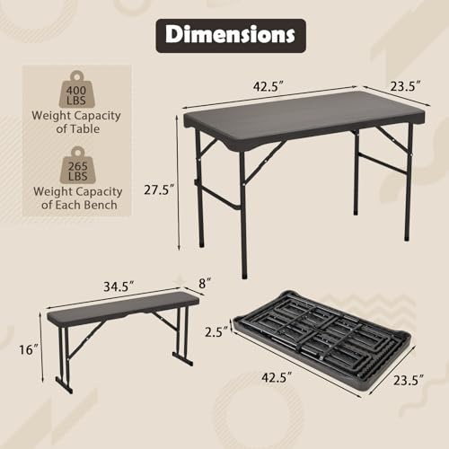 Giantex Folding Picnic Table Bench Set, Rectangular Patio Dining Table Set for 4, with HDPE Tabletop, Metal Frame, Space-Saving and Portable for Camping Party Dining BBQ (Black)