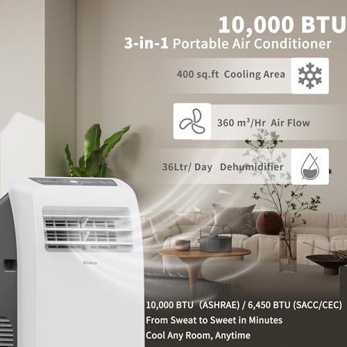 Shinco 10,000 BTU Portable Air Conditioner - 3-in-1 Cool/Dehumidifier/Fan for Rooms Up to 400 sq.ft, Remote Control & 24H Timer, Compact AC Unit for Bedroom/Office - color: SPF2-White-Standard, size: 10000 BTU