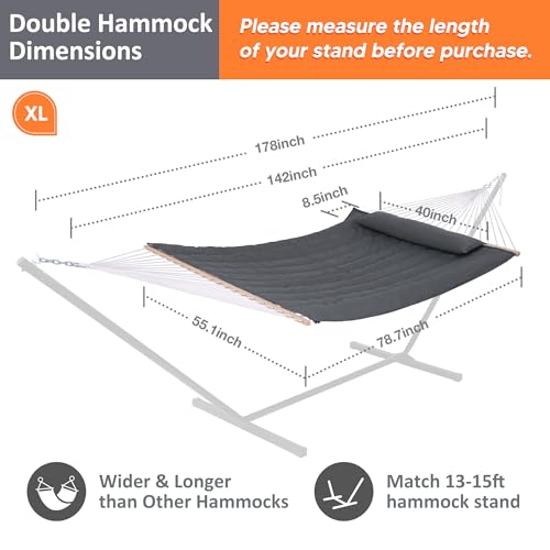 SUNCREAT Hammocks 2 Person Hammock with Hardwood Spreader Bar, Double Rope Hammock with Polyester Pad, Dark Gray - color: Dark Gray