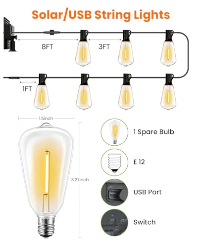 VOLIVO 54FT ST38 Solar String Lights Waterproof,Patio Lights Solar Powered with Remote & USB Port 16+1 LED Shatterproof Bulbs 8 Light Modes, Dimmable Solar Light for Camping Backyard Garden - size: 54 FT(16 Sockets)
