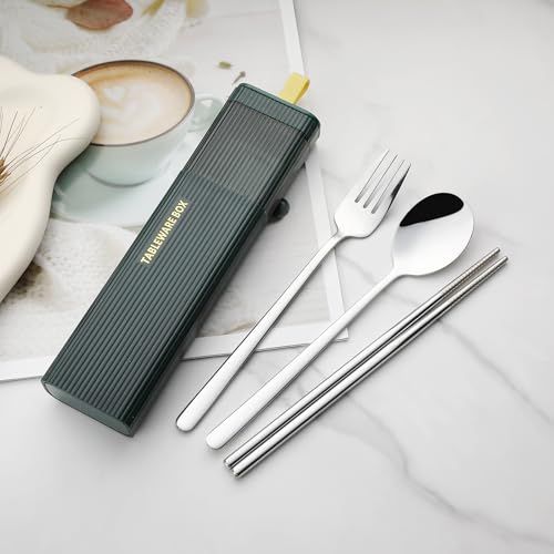 DEVICO Travel Utensils with Case, 18/8 Stainless Steel Reusable Silverware Set for Lunch Box, Portable Cutlery Set, Fork and Spoon Set for Camping, Lunch, Picnic, Workplace, School (Dark Green) - color: Dark Green