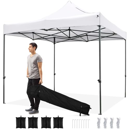 Tangkula 10x10 FT Pop Up Canopy, Instant Setup Outdoor Tent with Heavy-Duty Carbon Steel Frame, Wheeled Bag, 4 Sandbags, 8 Stake, 4 Ropes, Portable Canopy Tent for Parties Events Camping (White) - color: White