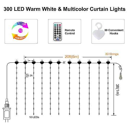 ZAIYW Curtain Lights Outdoor 20Ft×3Ft, 300 LED Color Changing Fence String Lights with Plug Remote, Waterproof Light Curtain for Stair Railing Eaves Decor (Warm White & Multicolor) - color: Warm White & Multicolor, size: 20Ft x 3Ft