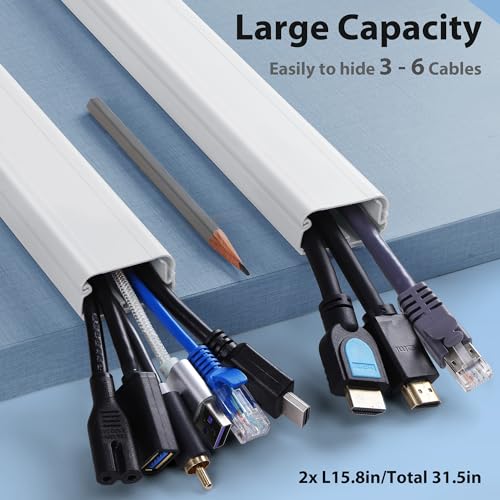Cord Cover Wall 32in, TV Cord Hider for Wall Mounted TV, Large Cable Hider Kit for 3-6 Cords, Wire Management Raceway, White Wire Hider Concealer, 2 x L15.8in, W1.5in H0.75in - color: White, size: W1.5in x H0.75in - L31.5in