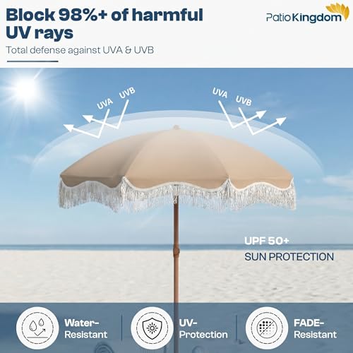 7ft Patio Umbrella with Fringe, Boho Beach Umbrellas, Outdoor Tassels Umbrellas with Push Button Tilt & Carrying Bag, 8 Windproof Fiberglass Ribs, UPF50+ - color: Beige