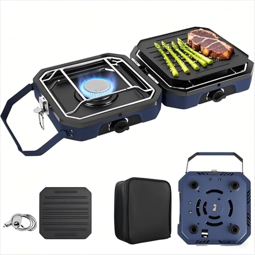 Adjustable 2-Burner Portable Stove with 16000 BTU, with Camping Grill and Carrying Bag, Portable Propane Camp Stove with 2 Burners & Piezo Ignition for Camping, Backyard BBQ,Tailgating (Blue) - color: Blue