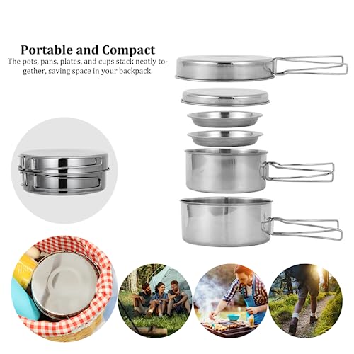 Camping Cooking Set 8PCS Stainless Steel Camping Cookware Portable Cooking Pot and Pan Set with Plates Cups for 5-6 Adults Outdoor Hiking Picnic BBQ, Camping Pots and Pans Set
