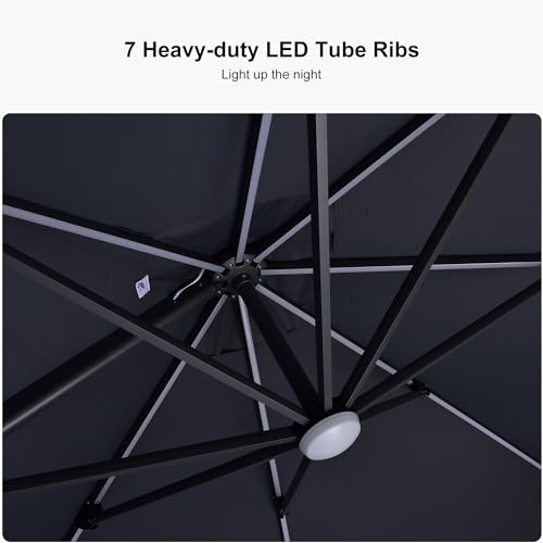 PURPLE LEAF 10 Feet Patio Umbrella Outdoor Cantilever Solar Powered LED Square Umbrella Aluminum Offset Umbrella with 360-degree Rotation for Garden Deck Pool Patio, Grey - color: Grey, size: 10' X 10', style: Standard（LED）