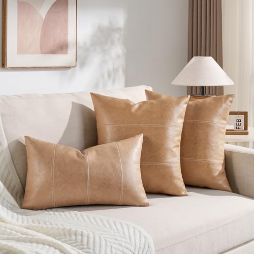Fancy Homi 2 Packs Tan Long Lumbar Waterproof Faux Leather Decorative Throw Pillow Covers 14x20 Inch for Outdoor Couch Bed, Beige Hand Stitched Cushion Case 35x50 cm, Taupe Modern Farmhouse Home Decor - color: Tan, size: 20" x 14" (Pack of 2)