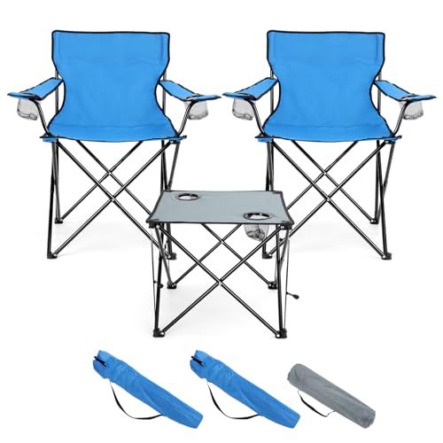 HaSteeL Folding Camping Chair Set of 3, Foldable Blue Camp Chairs & Grey Table, Large Lawn Chair Portable for Adults Hiking, Fishing, Picnic, Outdoor BBQ, Travel, Sports, Cup Holders & Storage Bags - color: Blue Chairs