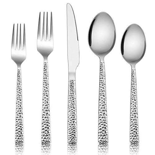 E-far 10-Piece Hammered Silverware Set, Stainless Steel Square Flatware Set Service for 2, Tableware Cutlery Set Includes Forks Spoons Knives, Modern Design & Mirror Polished - Dishwasher Safe - size: 10-Piece for 2