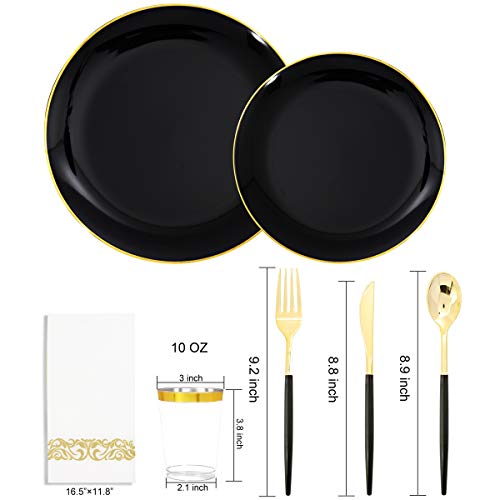 Supernal 350pcs Black Plastic Dinnerware Set - Black and Gold Plastic Plates, Gold Silverware Set, Wedding Party Plate, Cups for Birthday, Party, Wedding,Valentine's Day, Mother's Day and Easter - color: 350pcs Black and Gold Plastic Dinnerware Set