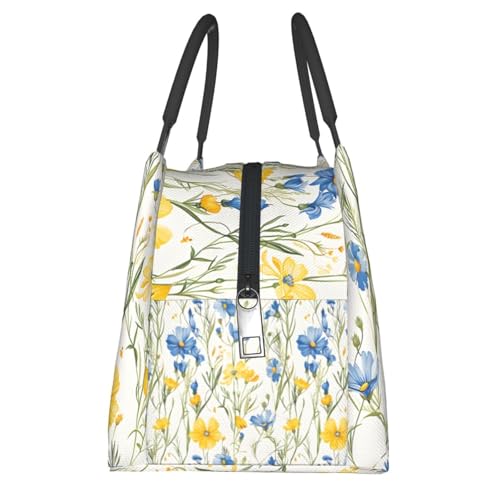 Wildflower Reusable Lunch Box,Vibrant Yellow Blue Floral Lunchbox for Girls Women Flower Lovers,Insulated Lunchbag,11in*6.3in*6.7in,Gifts Makeup Bag,Portable Handbag for Picnic Work Travel - color: Wildflower