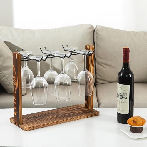 Rustic Wine Glass Hanging Rack Torched Brown Wooden Matte Black Metal Wire 6-Slot Drinking Glassware Holder Champagne Flutes Counter Top Tabletop Drying Displaying Kitchen Bar Dining Table
