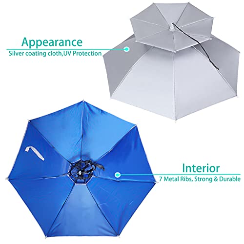 Umbrella Hat, 37 inch Fishing Umbrella Hat Hands Free Foldable UV Protection Umbrella Cap Adjustable Headwear for Fishing Golf Camping Beach Gardening Sunshade Outdoor - color: Silver/Double Layer