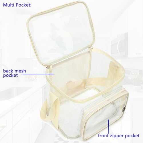 FlowFly Insulated Reusable Lunch Bag Adult Large Lunch Box for Women and Men with Adjustable Shoulder Strap,Front Zipper Pocket and Dual Large Mesh Side Pockets,Clear#Biege - color: Clear#Biege