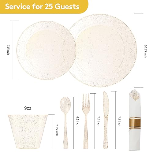 Goodluck 175 Piece Gold Glitter Plastic Dinnerware Set for 25 Guests, Fancy Disposable Plates for Party, Include: 25 Dinner Plates, 25 Dessert Plates, 25 Pre Rolled Napkins with Silverware, 25 Cups - color: Gold Glitter, style: 175 Piece (25 guests)