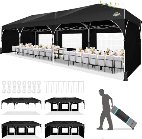 COBIZI 10x30 Pop Up Canopy Tent for Parties with 5 Sidewalls| Push Center Lock & Air Vent| Waterproof & UPF50+ |Gazebo Outdoor Tent for Party,Wedding,BBQ with 4 Sandbags, 8 Stakes & 16 Ropes,Black - color: Black, size: 10x30ft With 5 Sidewalls