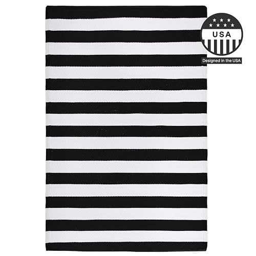 FH Home Outdoor Rug - Waterproof, Fade Resistant, Reversible - Premium Recycled Plastic - Striped - Porch, Deck, Balcony, Mudroom, Laundry Room, Patio - Brittany - Black & White Crease Free - 3 x 5 ft - color: Brittany - Black & White, size: 3' x 5' (Rect