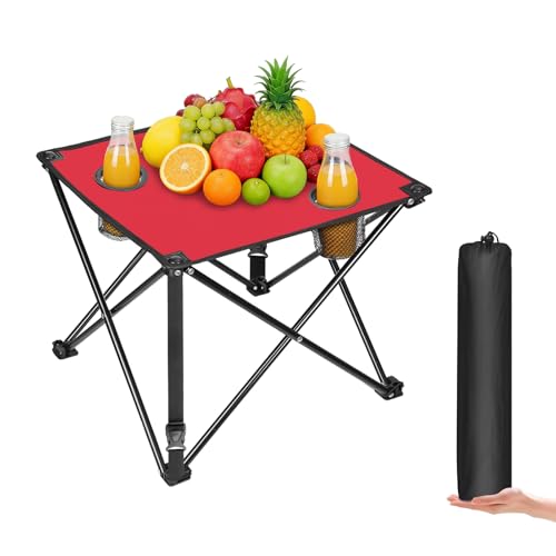 Portable Camping Table, Ultralight Picnic Table Foldable with 2 Cup Holders and Carrying Bag for Outdoor Camping Picnic BBQ Beach Party Patio Fishing, Steel Frame, High-Grade 600D Oxford Fabric Red - color: Red, size: 1 Pack