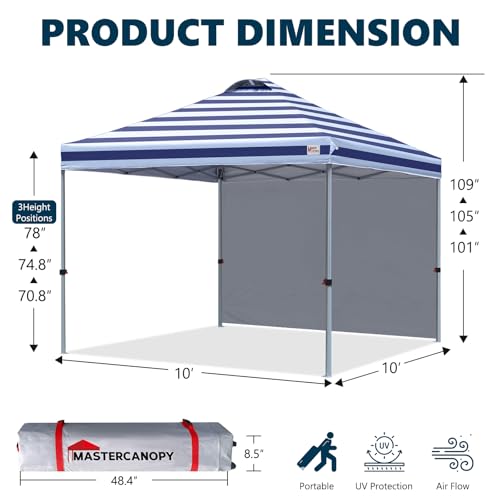MASTERCANOPY Durable Pop-up Canopy Tent with 1 Sidewall (10'x10',Navy Blue Stripes) - color: Navy Blue Stripes, size: 10x10