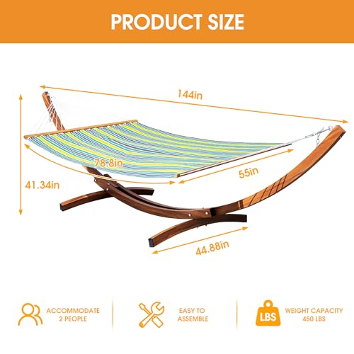 Lazy Daze Hammocks 12 FT 2 Person Double Quick Dry Textilene Hammock with Curved Steel Heavy Duty Stand for Outside, Backyard, Patio, 450 Lbs Capacity, Green Stripes - color: Green Stripes