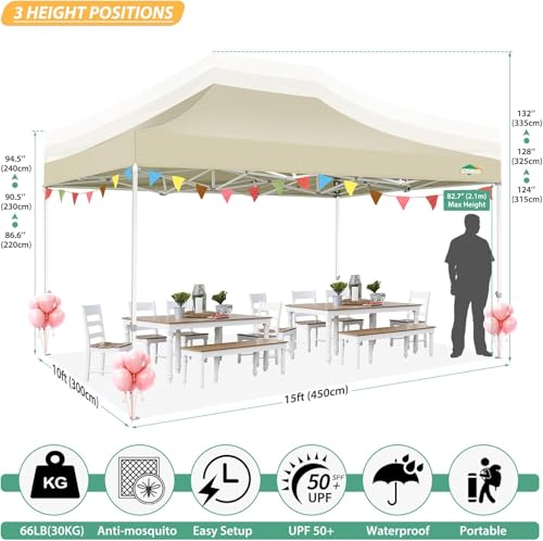 COBIZI 10x15 Heavy Duty Pop up Canopy with 4 Sidewalls, Canopy Tent with Mosquito Netting, Easy up Screen Party Tents for Parties Wedding Patio Backyard Commercial Gazebo with Handbag, Khaki - color: Khaki, size: 10x15ft(standard)