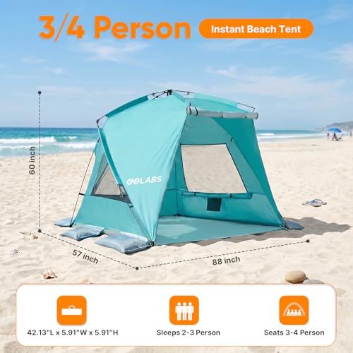 Golabs BT1 Pop up Beach Tent Sun Shelter for 3-Person, 1-Minute Setup by Pre-Attached Pole & UPF 50+, Beach Shade with Detachable Floor Mat, Mesh for Clear View & Airflow, only 7 lbs & Pocket and Hook - color: GREEN