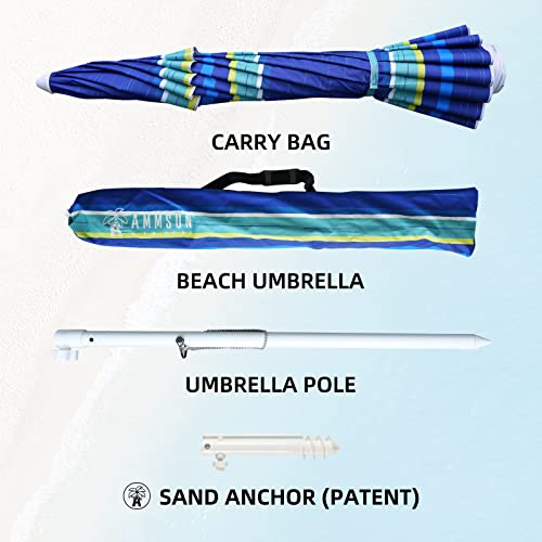 AMMSUN 8 Feet Large Beach Umbrella with Sand Anchor Heavy Duty High Wind Portable Outdoor Umbrellas UV 50+ Protection Air Vent Tilt Patio Garden Pool - color: Blue Stripe