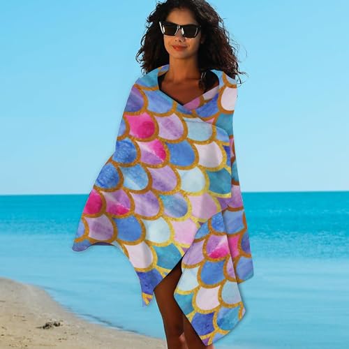 Beach Towel,Watercolor Mermaid Golden Fish Scales Lightweight Compact Sand Free Quick Dry Oversized Pool Swimming Towels for Girls Women Adults,29.5"×59" - color: Watercolor Mermaid Golden Fish Scales