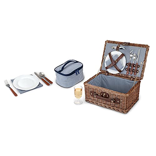 Twine Newport Picnic Basket, Wicker Basket with Place Settings, Wine Glasses, Corkscrew, Insulated Compartments, Set of 1 Basket,Brown - style: Newport Picnic Basket