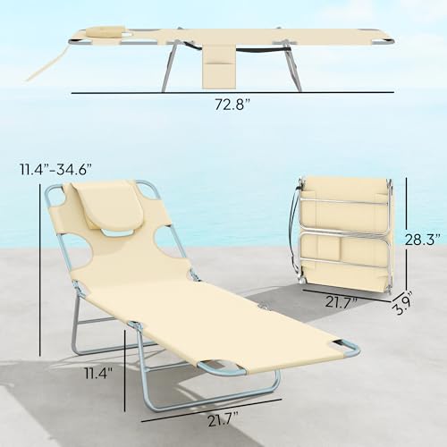 Outsunny Chaise Lounge Chair Outdoor Set of 2 with Face Arm Hole, 5-Position Reclining Face Down Tanning Chair with Carry Strap, Side Pocket, Portable Folding Bed Cot for Patio Beach Pool, Beige - color: Beige, size: 2 Pieces