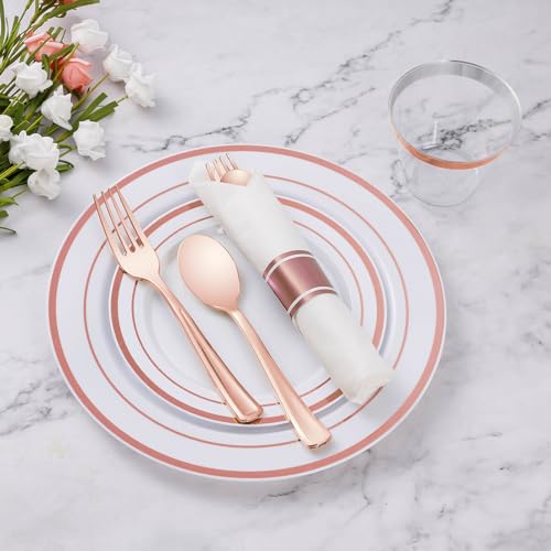 Goodluck 175 Piece Rose Gold Plastic Dinnerware Set for 25 Guests, Fancy Disposable Plates for Party, Include: 25 Dinner Plates, 25 Dessert Plates, 25 Pre Rolled Napkins with Silverware, 25 Cups - color: Rose Gold, style: 175 Piece (25 guests)