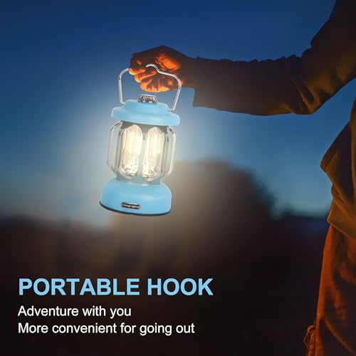 Rechargeable LED Camping Lanterns, Vintage Camping Lights Battery Operated, Portable Retro Metal Glamping Lights for Hiking, Hurricane, Decoration, Power outages, Blue, 1 Pack
