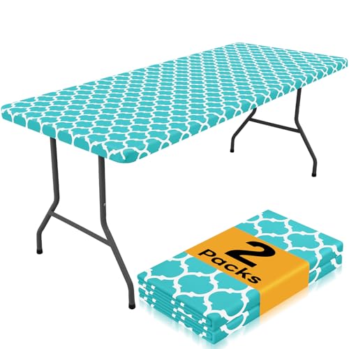 Smiry 2 Pack Rectangle Table Cloth 8 Foot, Waterproof Elastic Fitted Tablecloths, Windproof Washable Polyester Table Cover for Picnic, Camping, Outdoor (Aqua, 30"x96") - color: Aqua, size: 30"x96"