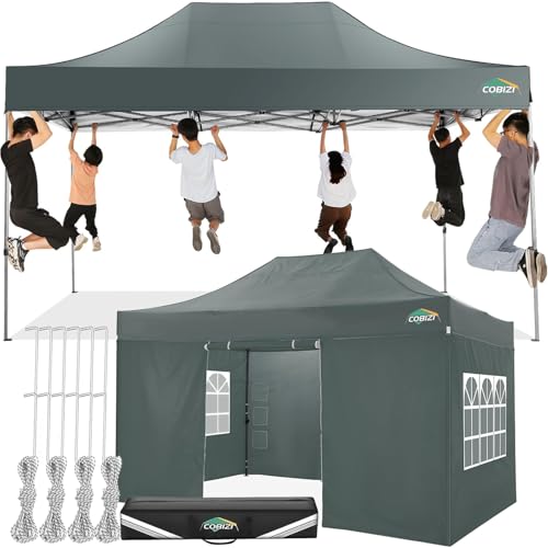 COBIZI 10x15 Pop up Canopy Tent 10x15 Canopy with 4 Sidewalls Waterproof Heavy Duty Commercial Canopy for Parties Outdoor Garden Gazebo Tent, Carry Bag(10x15ft, Gray) - color: Gray, size: 10X15FT 4 Sidewalls