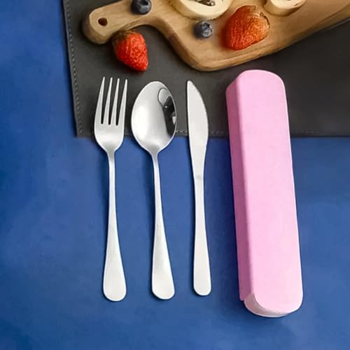 Portable Utensils Set,3-Piece Reusable Silverware,Travel Utensils with Case for Lunch Camping Picnic(Pink) - color: Pink
