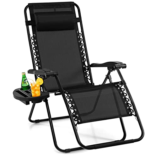 Giantex Zero Gravity Reclining Chair, Outdoor Patio Recliner with Cup Holder & Removable Pillow, Adjustable Backrest, Indoor Lounge Chair for Backyard, Garden, Poolside (Black) - color: Black, size: 1 Count (Pack of 1)
