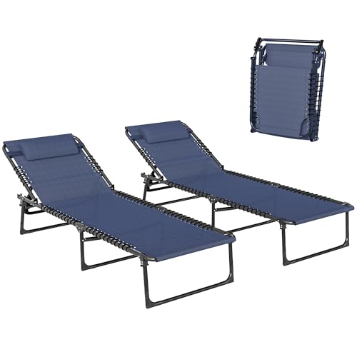 Outsunny Folding Chaise Lounge Chair Set of 2, Patio Sun Tanning Chair, Outdoor Chaise Lounger with 4-Position Reclining Back, Breathable Mesh Seat for Beach, Poolside, Dark Blue - color: Dark Blue, size: 2 Packs