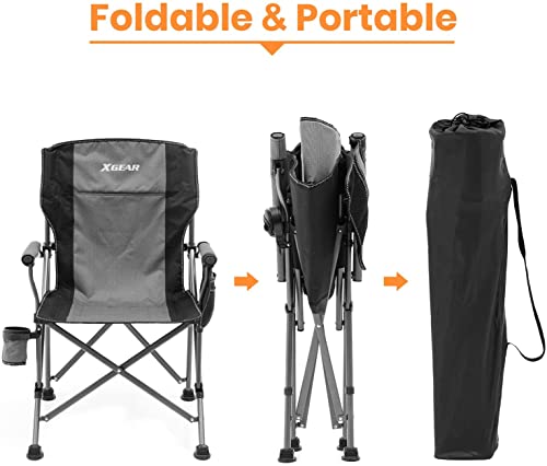 XGEAR Camping Chair with Padded Hard Armrest, Sturdy Folding Camp Chair with Cup Holder, Storage Pockets Carry Bag Included, Support to 400 lbs - color: 2pcs/Grey