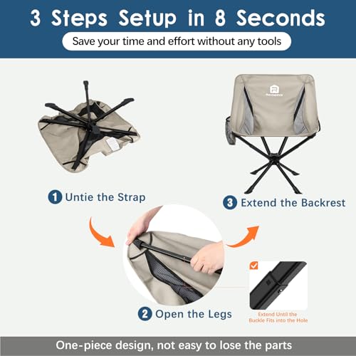 Raynesys Portable Camping Chair 1 Pack, 8 Seconds Quick Setup Folding Camping Chair, Flexible 360° Rotation, 3.8Lb Lightweight Travel Chairs for Easy Carry to Hiking, Sporting, Beach, Khaki - color: Khaki, size: 1 Pack
