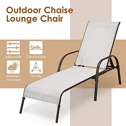 Tangkula Lounge Chair Outdoor, Patio Chaise Lounge with Adjustable Backrest, Reclining Pool Lounge Chair for Outside with Heavy Duty Steel Frame, Suitable for Beach, Yard, Balcony, Poolside - color: Light Grey