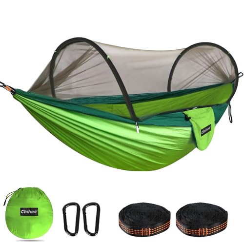 Chihee Ultra-Light Travel Camping Hammock Pop-up Net Hammock 660lbs Load Capacity,Breathable,Quick-Drying Parachute Nylon 2 Premium Carabiners,2 Tree Slings Included for Outdoor Backpacking Hiking - color: Light Green/Dark Green